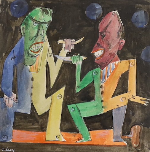 Emmanuel Levy (1900–1986), watercolour, 'Knife Fight', signed, 21 x 21cm
